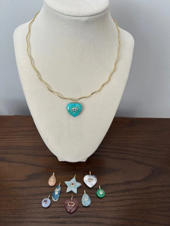 Gold Chain Necklace with Turquoise Heart Pendant and additional gemstone charms - Picture 1 of 2